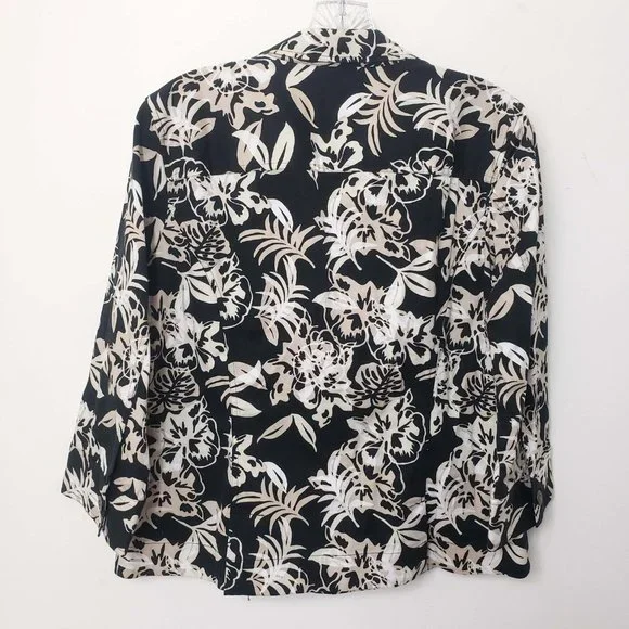 Christopher & Banks Women's Black Button Down White Tan Floral Jacket Coat - Picture 7 of 10